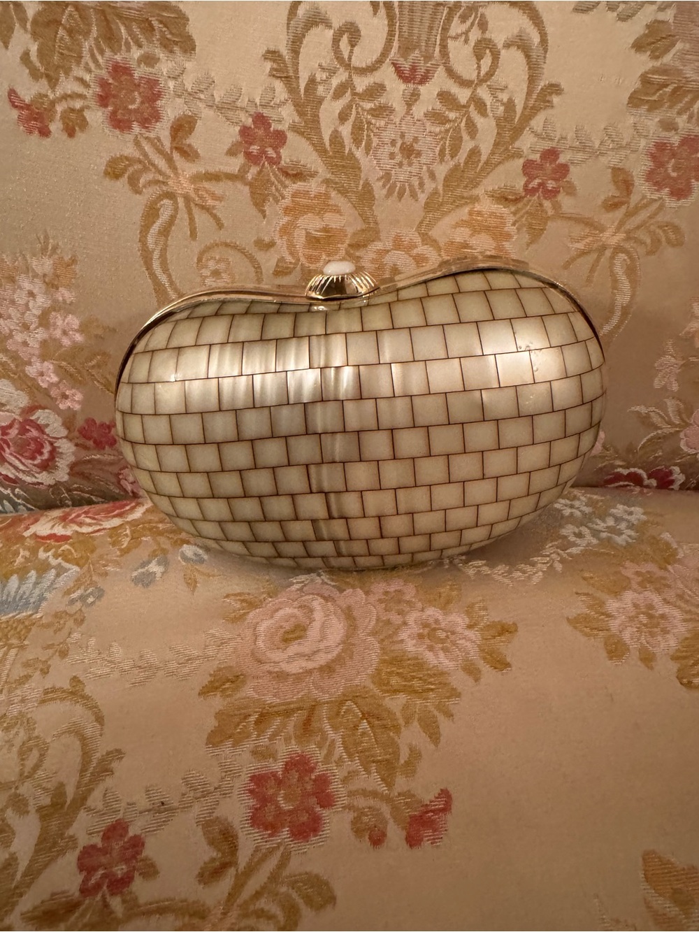 Vintage Mother Of Pearl Lucite Clutch Bag Evening Purse Gold Ivory - Picture 11 of 16